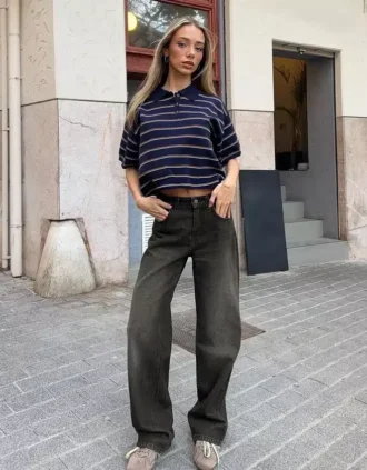 Calças de Jeans de cintura alta, corte Straight e perna Wide Leg – Calças