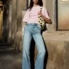 Calças de Jeans de cintura alta, corte Straight e perna Wide Leg – Calças