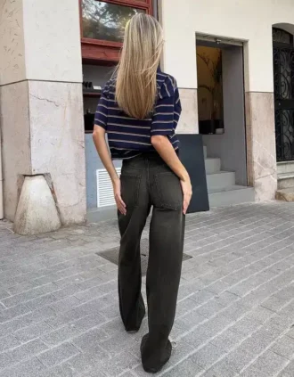 Calças de Jeans de cintura alta, corte Straight e perna Wide Leg – Calças