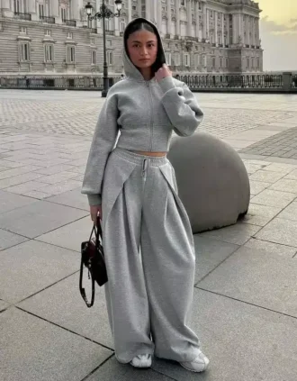 Calças Wide Leg com efeito de neoprene e cordões – #Bershkastyle – Mulher