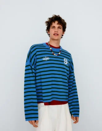 Camisola de corte largo com riscas bordadas – Camisolas e cardigãs de malha