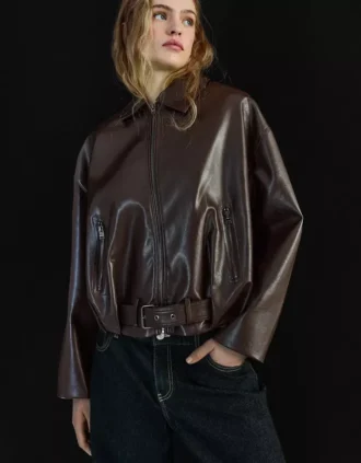 Casaco bomber de Faux Leather com cinto – Casacos e gabardinas