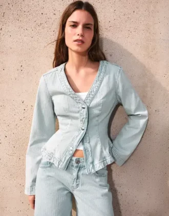 Casaco de Denim com peplum às riscas – Casacos e gabardinas