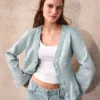 Casaco de Denim com peplum às riscas – Casacos e gabardinas