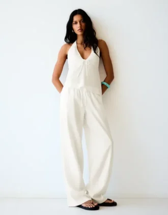 Colete com decote halter em mistura de linho – Mulher