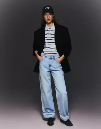 Jeans de cintura alta, perna Wide Leg e reta com bainhas viradas para cima – Calças