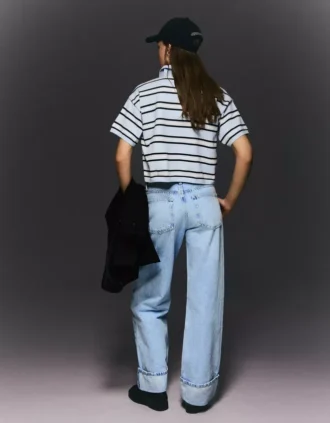 Jeans de cintura alta, perna Wide Leg e reta com bainhas viradas para cima – Calças