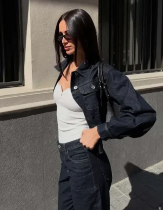 Casaco de Denim curto com efeito balão – Casacos e Trench