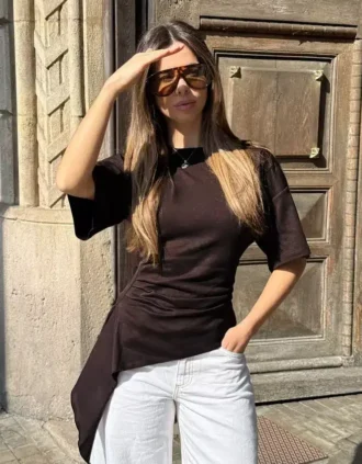 T-shirt de manga curta com franzido – #Bershkastyle – Mulher