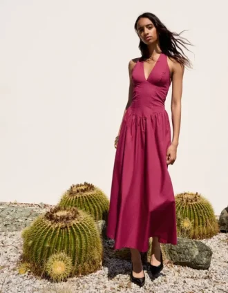 Vestido longo de popeline com decote halter