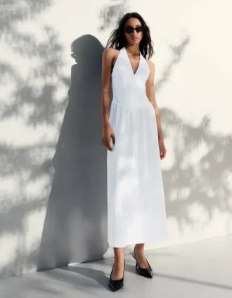 Vestido longo de popeline com decote halter