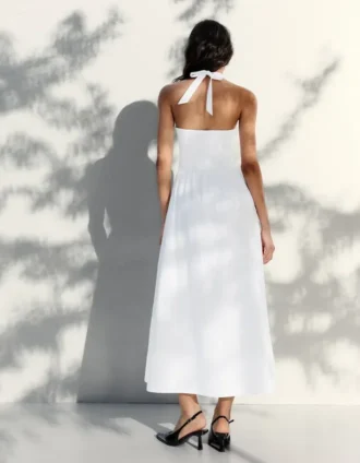 Vestido longo de popeline com decote halter