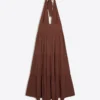 Vestido longo rústico com decote halter