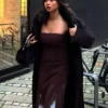 Vestido midi assimétrico com top bandeau em tule e renda