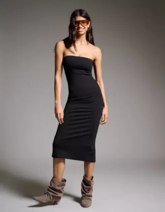Vestido midi bandeau de malha – Vestidos e jardineiras