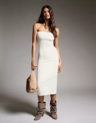 Vestido midi bandeau de malha – Vestidos e jardineiras