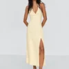 Vestido midi com decote halter em mistura de linho – Vestidos e jardineiras