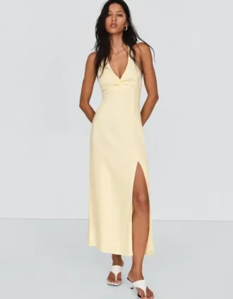 Vestido midi com decote halter em mistura de linho – Vestidos e jardineiras
