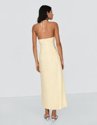 Vestido midi com decote halter em mistura de linho – Vestidos e jardineiras