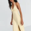 Vestido midi com decote halter em mistura de linho – Vestidos e jardineiras