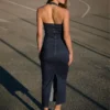 Vestido midi em Denim – Vestidos e jardineiras